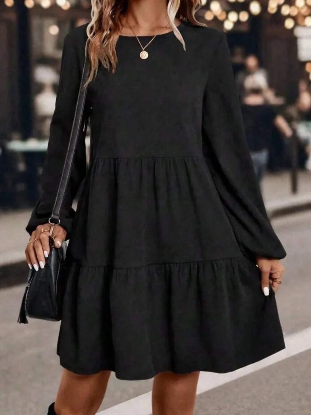 Boho black ruffle hem ribbed knit fall dress